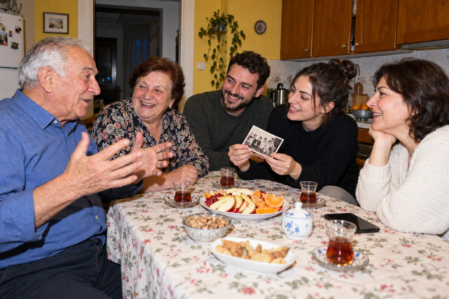 Several generations of a fictional family laughing and sharing a story around a kitchen table